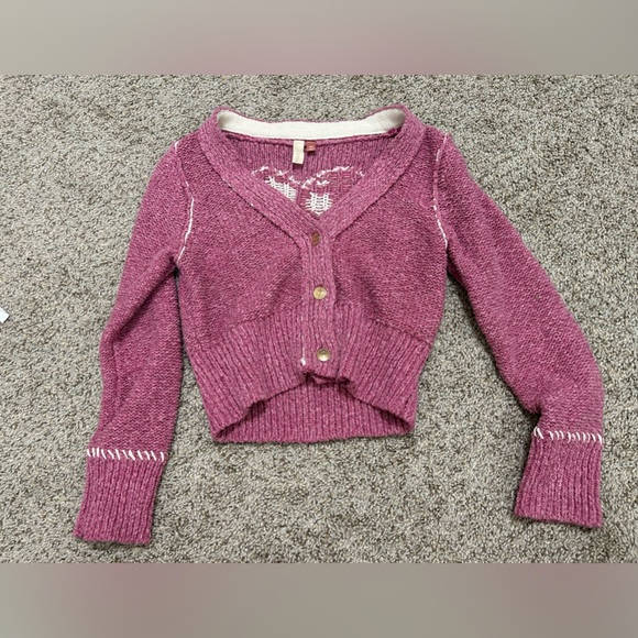 Anthropologie Pilcro Yin Yang Icon Heart Cardigan Pink Size XS Spring Preppy - Picture 2 of 15